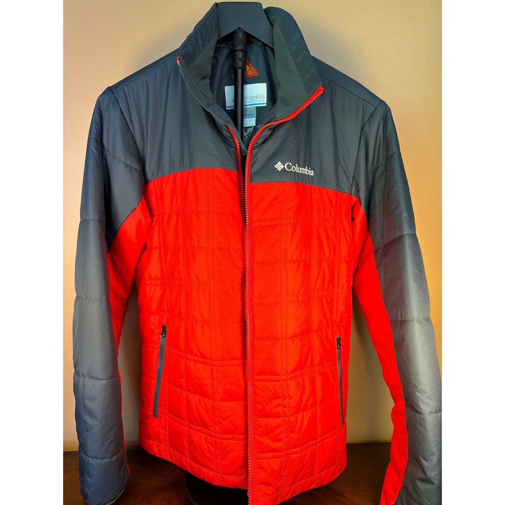 Columbia Omni-Heat Interchange Puffer Jacket Mens Small Red Gray Colorblock